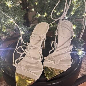 SCHUTZ White and Gold Strappy Heels